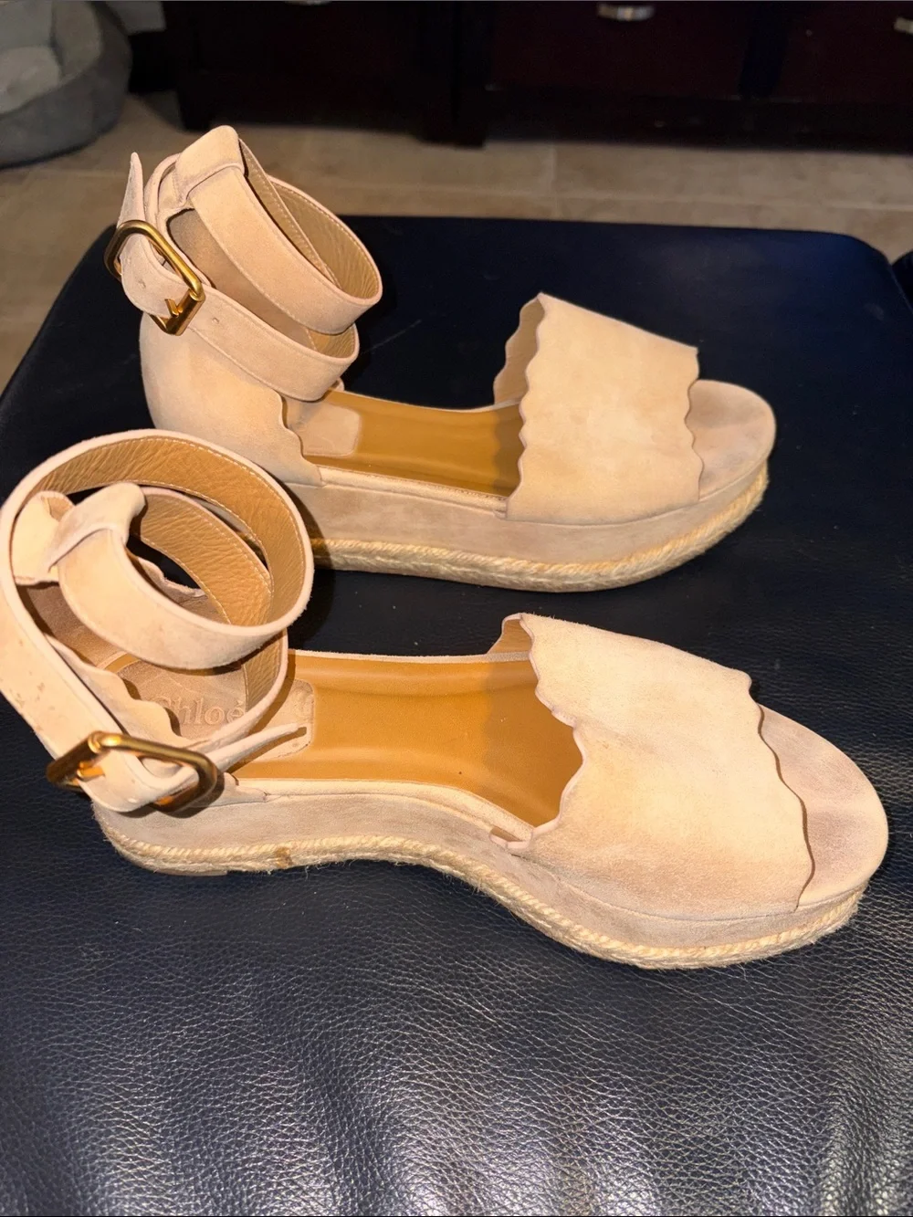Chloe Beige Suede Scalloped Trim Lauren Ankle Wrap Flatform Espadrille Sandals